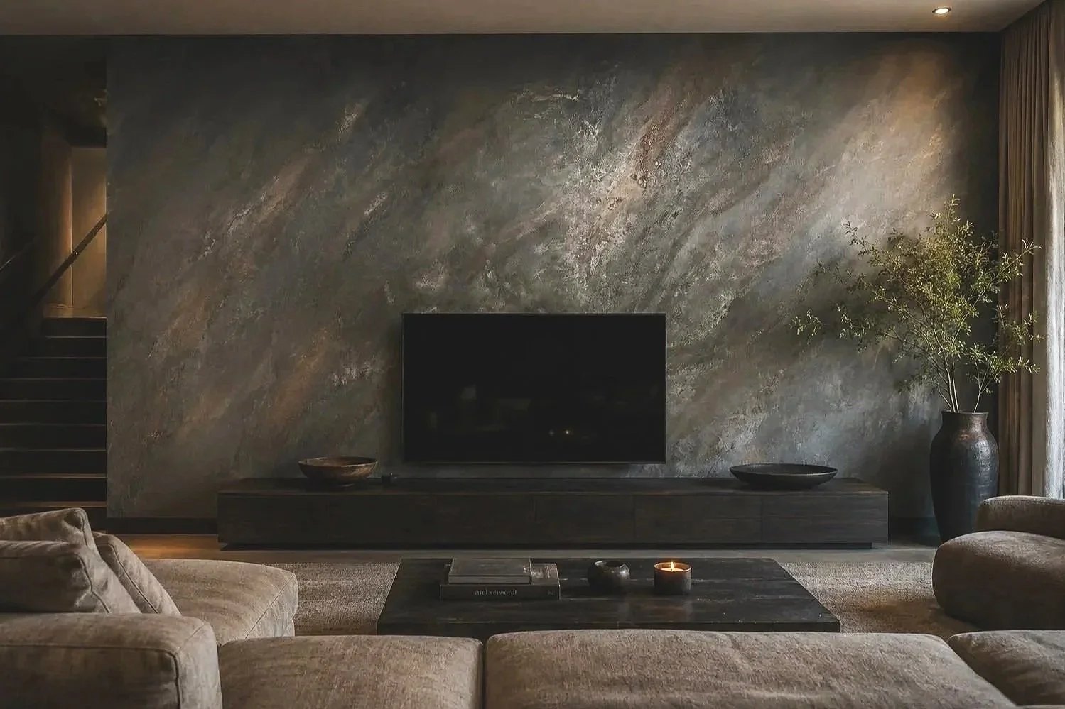 Specialty texture plaster wall in a living room