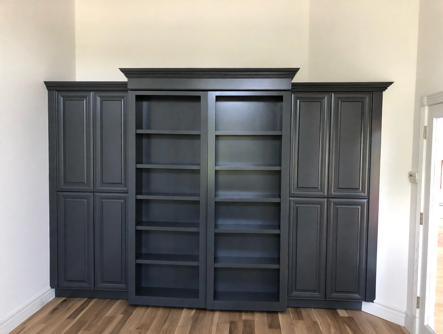 Matte-black built-in bookcase and wardrobe wall