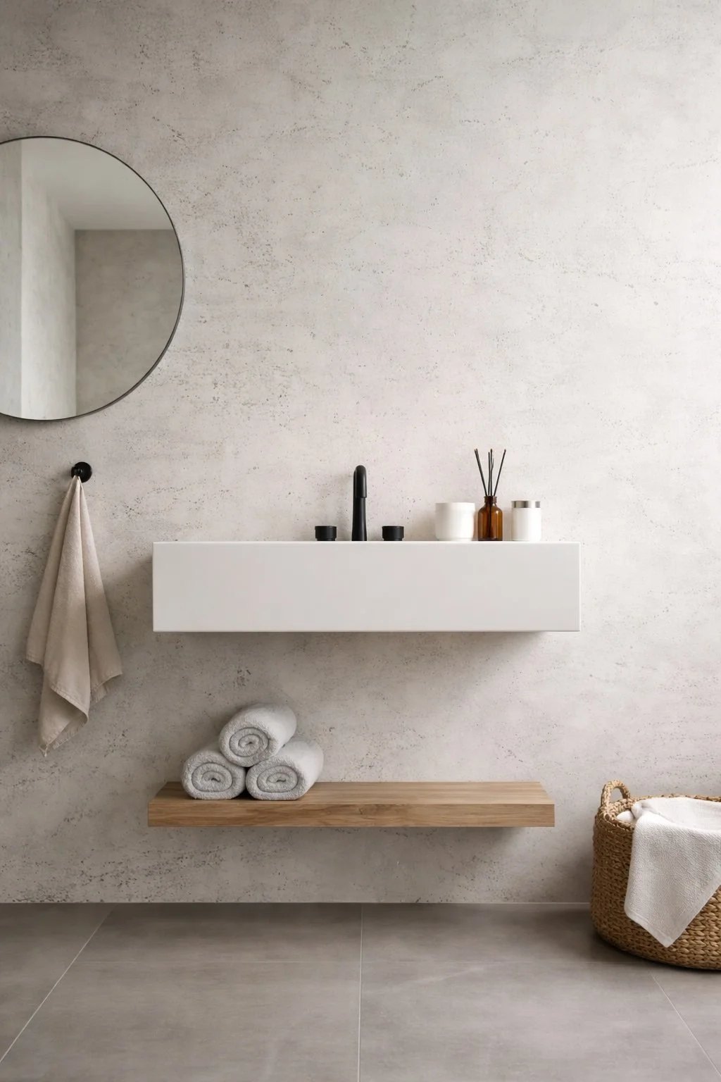 Venetian plaster walls in a minimalist bathroom